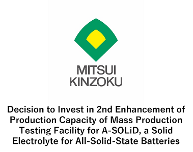 Decision to Invest in 2nd Enhancement of Production Capacity of Mass Production Testing Facility for A-SOLiD, a Solid Electrolyte for All-Solid-State Batteries